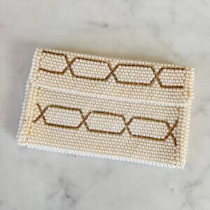Vintage 50s Faux Cream Pearl Covered Snap Wallet / Mini Clutch / Made in Japan